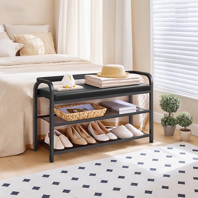 YATINEY Shoe Bench with Backrest, Entryway Bench, 2-Tier Shoe Rack with PU Padded Seat, Upholstered Shoe Storage Bench with Back, for Hallway, Entryway, Foyer, Bedroom, Black HX14BB