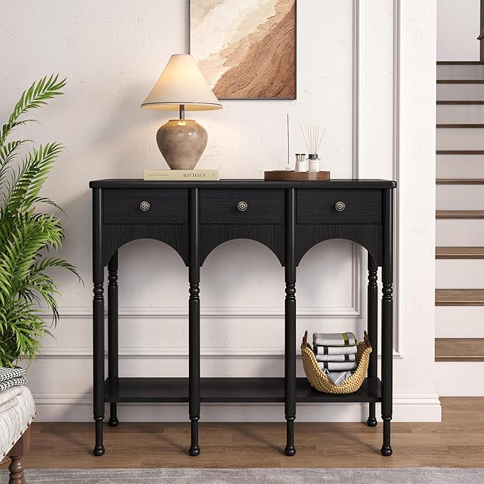 Console Table with 2 Drawers & Shelf, 40" Mid-Century Modern Entryway Table, Retro 2-Tier Sofa Table, Wooden Accent Table for Living Room, Hallway, Brown