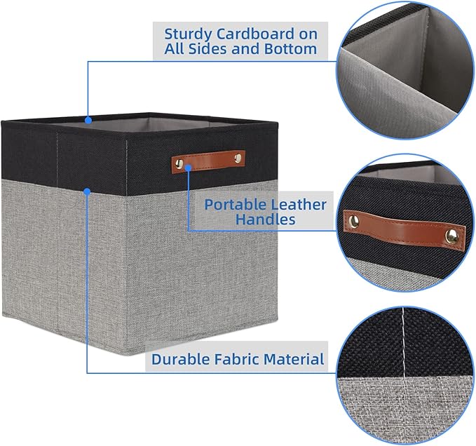 Temary 13 x 13 Storage Cubes Foldable Storage Cubes 4 Pack Canvas Storage Bin for Home, Square Storage Baskets with Leather Handles (Black&Grey)