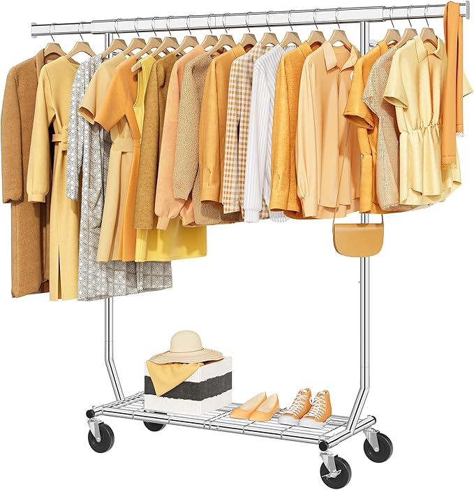 Tajsoon Clothes Rack Heavy Duty Load 350 LBS, 73.8' Extendable & Adjustable Collapsible Clothing Rack for Hanging Clothes, Rolling Garment Rack with Lockable Wheels for Bedroom, Plating Chrome