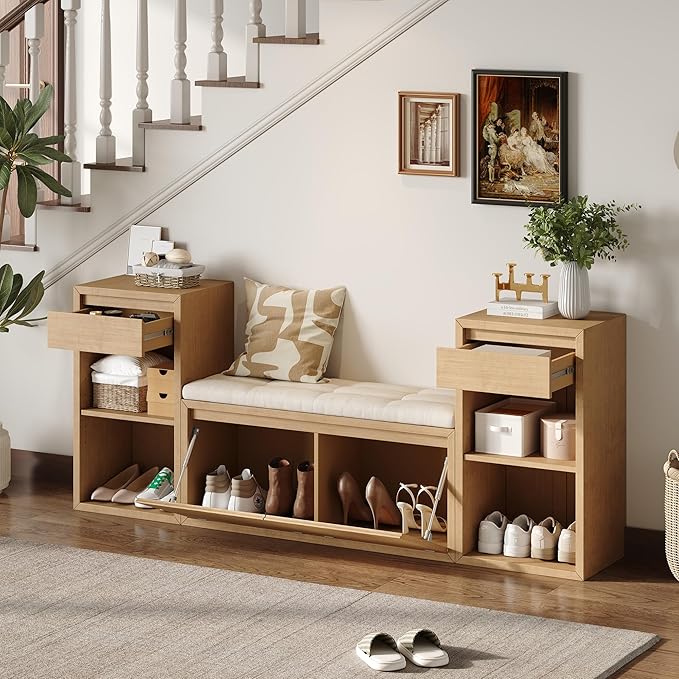 Merax All-in-One Shoe Storage Bench with Cushion & Flip Compartments, Entryway Bench with Drawers and Open Shelves, Solid Wood Storage Bench for Mudroom Hallway Living Room, Rustic Brown