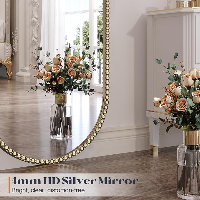 Champagne Bronze Bathroom Mirror with Beaded, 20"x53" Oval Full Length Mirror for Wall Decorated, Gold Vintage Beaded Mirrors with Brass Frame for Bedroom,Living Room,Hallway,Fireplace