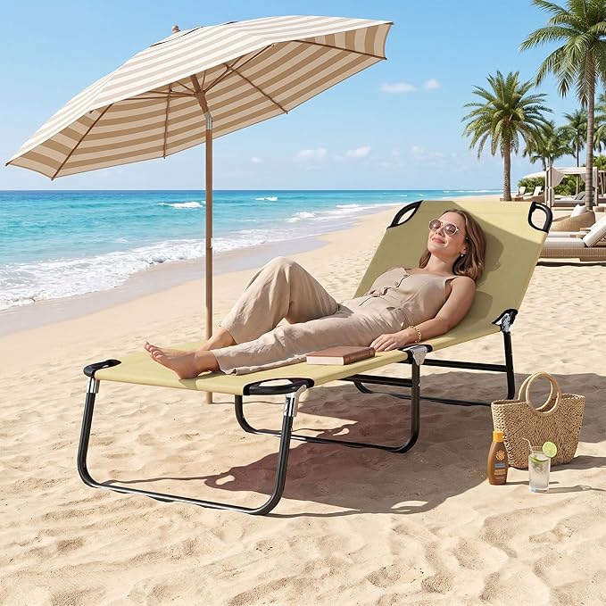 Outsunny Folding Chaise Lounge Pool Chairs, Outdoor Sun Tanning Chairs with 5-Level Reclining Back, Steel Frame for Beach, Yard, Patio, Beige
