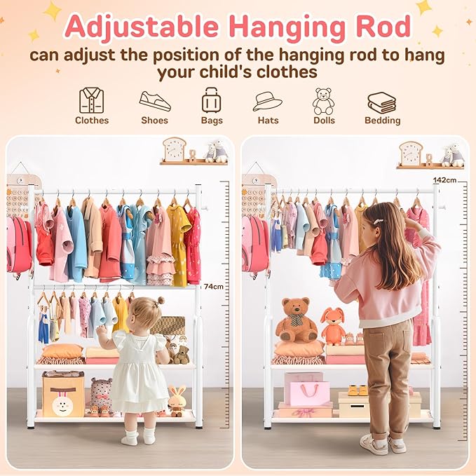 Kids Clothing Rack with 2-Layer Storage Shelf and 2 Adjustable Hanging Rods, Dress Up Rack for Hanging Clothes,Dress up Storage for Baby Toddle Kids(Classic, White)