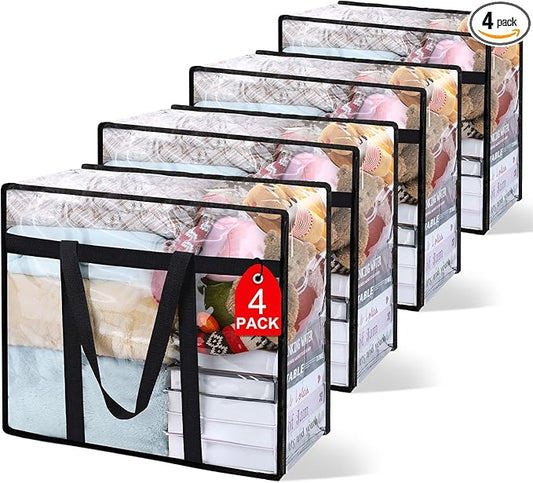 4Pack Clear Blanket Storage Bags, Vinyl Comforter Clothes Storage Closet Organizers and Storage Containers Moving Bags with Reinforced Handle for Bedding, Clothing, Comforters, Pillows, Toys,40L