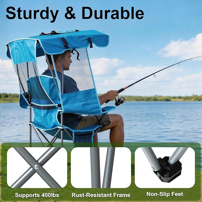 Romswi Large Folding Canopy Camping Chairs for Adult 2 Pack, Portable Outdoor Chairs with Sunshade,Cup Holder & Side Pocket for Camping, Fishing, Beach, Backyard, Sea Blue
