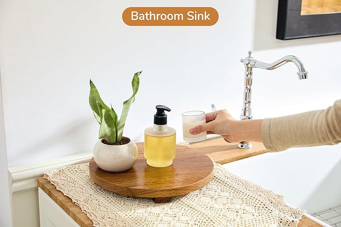 Round 11.8" Acacia Wood Decorative Tray – Farmhouse Wood Riser Pedestal Stand for Kitchen and Bathroom Decor, Counter Display, Vanity Tray (Large, 11.8" Dia)