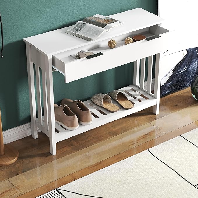 TaoHFE White Narrow Console Table with Drawer Storage Shelf, Modern Wooden Entryway Sofa Table, 39 Inch Slim Behind Couch Table, Side Display Console Table for Living Room,Office,White