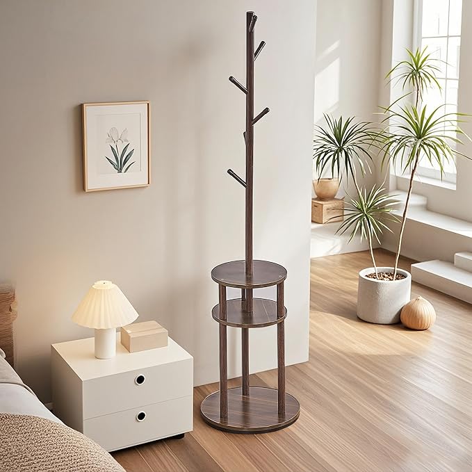 VECELO Coat Rack Freestanding, Entryway Hanger Stand, Umbrella Holder, Hall Tree With Hooks, Floor Standing Metal Tree Stand,Walnut