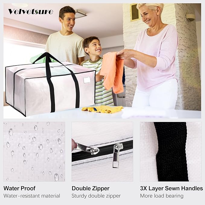 VELVETSURE 12 Pack Heavy Duty Large Moving Bags W/Backpack Straps - Strong Handles & Zippers, Storage Totes For Space Saving, Fold Flat, Alternative to Moving Box and Storage Bin, Semi-Transparent