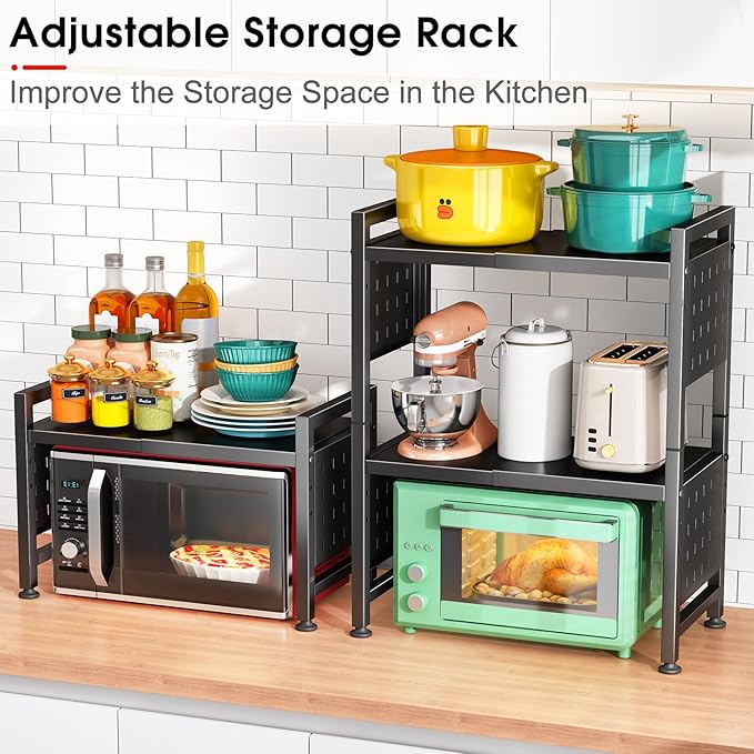 Microwave Stand, 3-Tier Expandable(17.4"- 27.4") Heavy Duty Adjustable Shelf Microwave Oven Rack, Kitchen Countertop Organizer and Storage with 9 Hooks & Cutting Board Holder, Holds up 180 lbs, Black
