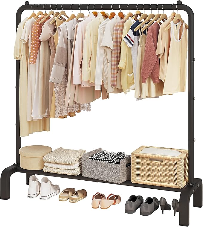 JIUYOTREE Metal Clothing Rack, 43.3 Inches Garment Rack with Bottom Shelf for Hanging Clothes, Coats, Skirts, Shirts, Sweaters, Black