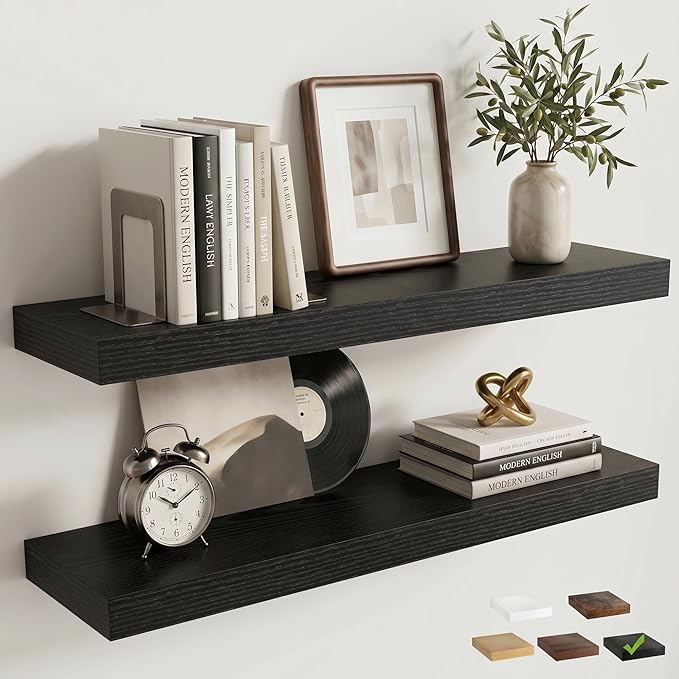 Venusmiles Floating Shelves for Wall, 24 Inch Floating Shelves Set of 2, 6.5" D Wooden Wall Mounted Display Shelves with Invisible Brackets for Living Room, Bedroom, Bathroom, Kitchen Decor, Black