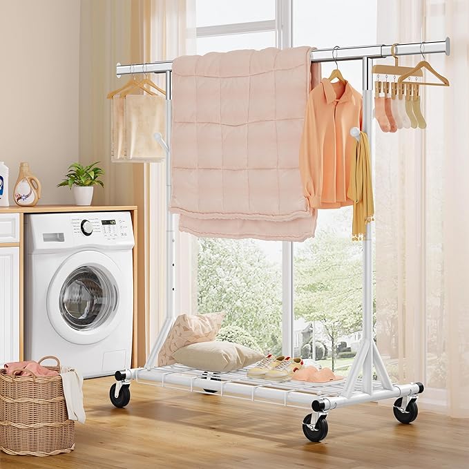 FAVOOSTY Heavy Duty Clothes Rack for Hanging Clothes, Rolling & Extending Clothing Rack with Wheels, Garment Coat Rack Freestanding, Portable Clothes Rack, White