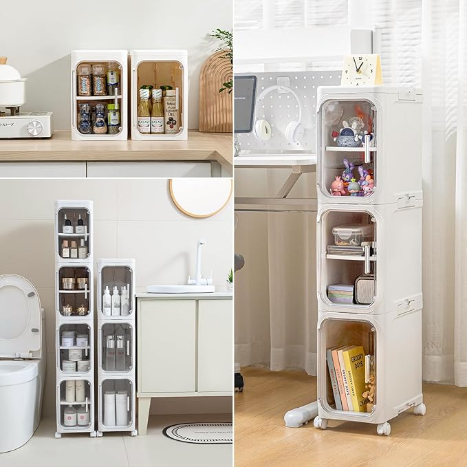 5-Tier Tall Narrow Storage Cabinet, Slim Bathroom Storage Cabinet with Adjustable Shelves and Wheels, Narrow Organizer for Small Space, Bathroom, Kitchen, Laundry, Cream White