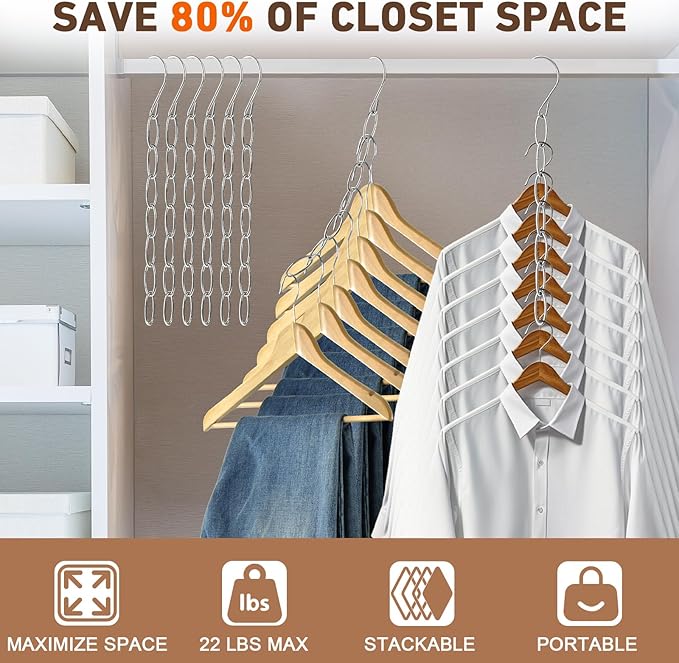 Space Saving Hangers, 4 Pack Metal 7-Loop Clothing Chain Hanger Organizer, Collapsible Closet Space Saver for Clothes, Small Closet Organizers and Storage for Dorm, Home, RV, Travel, Wrinkle Reducing