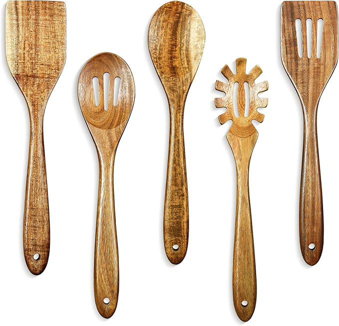 Solidith Acacia Wooden Spoons for Cooking, 5-Piece Wooden Kitchen Utensil Set with Spatula, Slotted Spoon & Pasta Fork, Non-Stick Safe Cooking Utensils, Durable Natural Wood Kitchen Tools Gift Set