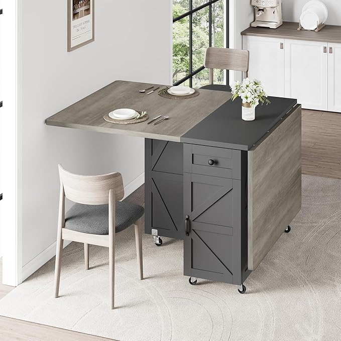 Jocoevol Space Saving Folding Dining Table for 4, Farmhouse Foldable Dining Table with Drawer and 2-Layer Storage Shelf, 6 Wheels Multipose Folding Kitchen Table for Small Space (Carlo Grey)