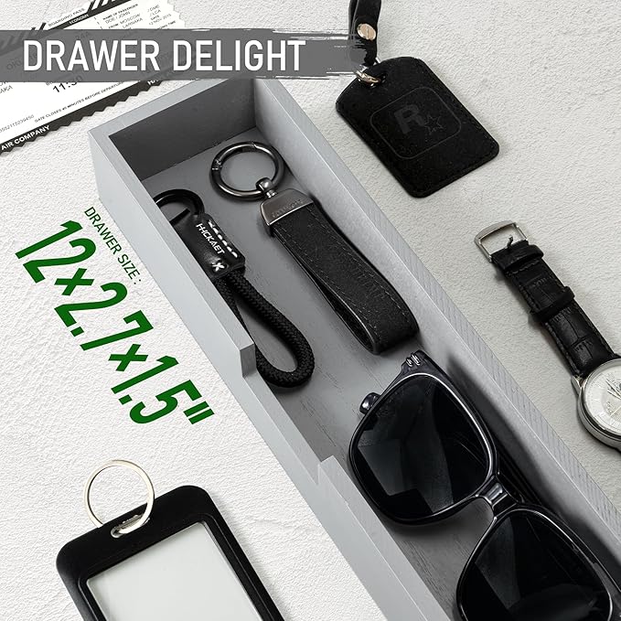 Rebee Vision Modern Pine Wood Key Holder Wall Mount with Drawer Organizer – Mail Organizer with 6 Key Hooks and Storage Drawer – Apartment Essentials for Entryway and Home Decor(Gray)