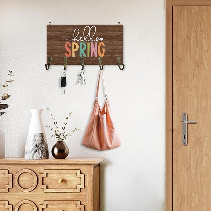 Rustic Spring Key Holder for Wall 10"x5.12", SeasonalSpring Key Hanger Wall Mount, Colorful Hello Spring Farmhouse Dark Brown Wooden Hanging Keys Holder Decor for Entryway Front Door（5 Hooks）