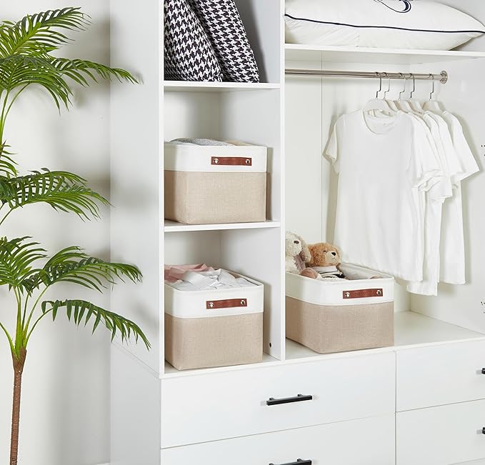 DECOMOMO Storage Bins, Large Fabric Storage Baskets for Shelves, Decorative Linen Closet Organizer, 15 x 11 x 9.5 inches (Beige & White, 3 Pack)