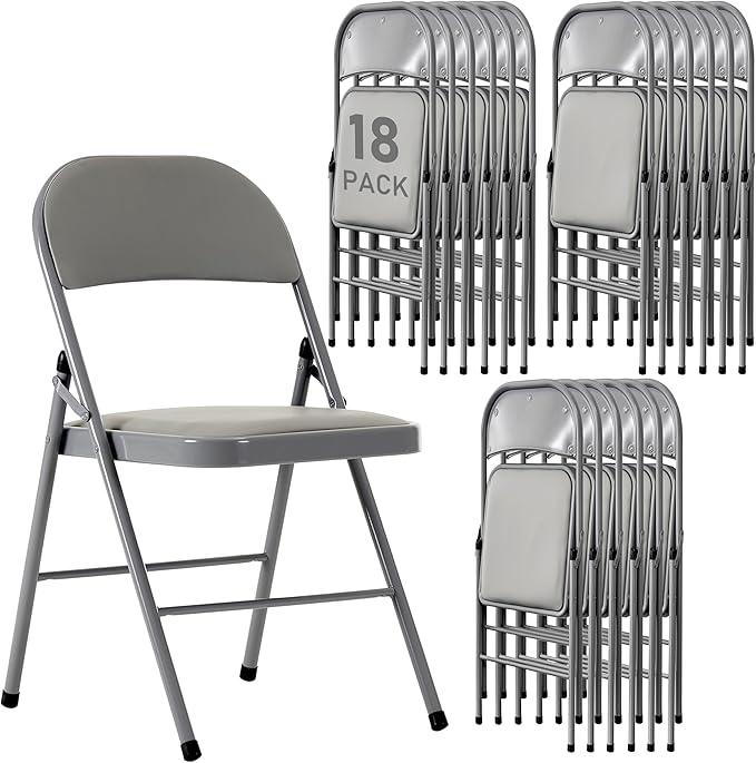 18 Pack Gray Folding Chairs with Padded Cushion and Back for Outside Portable Stackable Commercial Foldable Chairs with Steel Frame for Events Office Wedding Party, 350lbs Capacity
