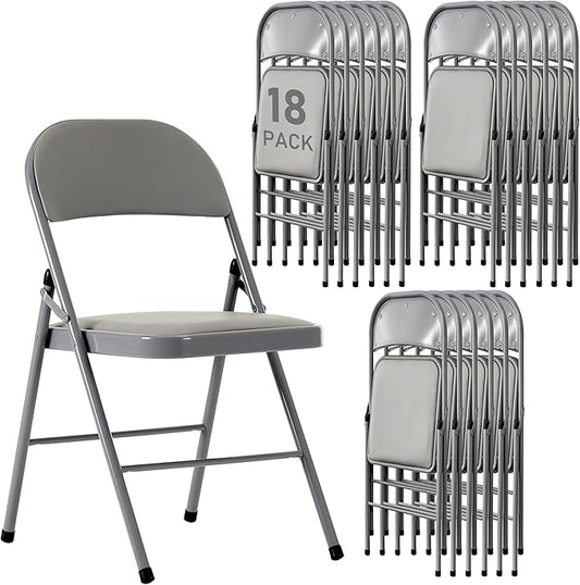 18 Pack Gray Folding Chairs with Padded Cushion and Back for Outside Portable Stackable Commercial Foldable Chairs with Steel Frame for Events Office Wedding Party, 350lbs Capacity
