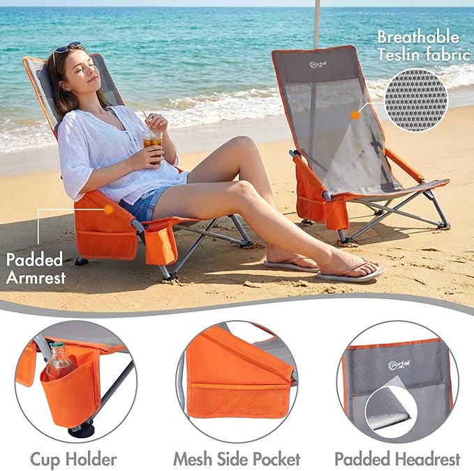 Portal High Back Beach Chair for Adults - Heavy Duty 350 lbs Folding Portable Sand Chair with Cup Holder & Side Pocket, Breathable Mesh Tall Camping Chair with Rotating Feet for Outdoor Travel Grey