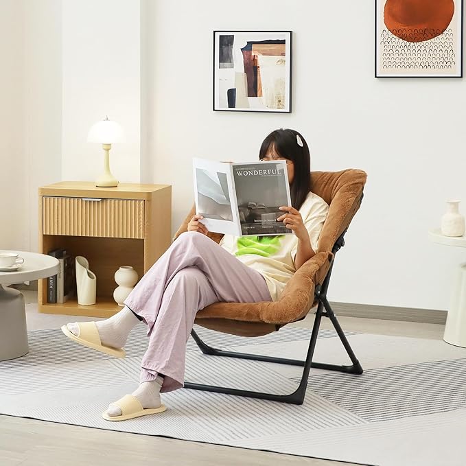 Comfy Saucer Chair for Adults, Set of 2, Soft Faux Fur Bedroom Chair, Accent Dorm Chairs, Flexible Living Room Reading Chairs, Oversized Folding Lounge Seat for Teens, X-Large, Brown