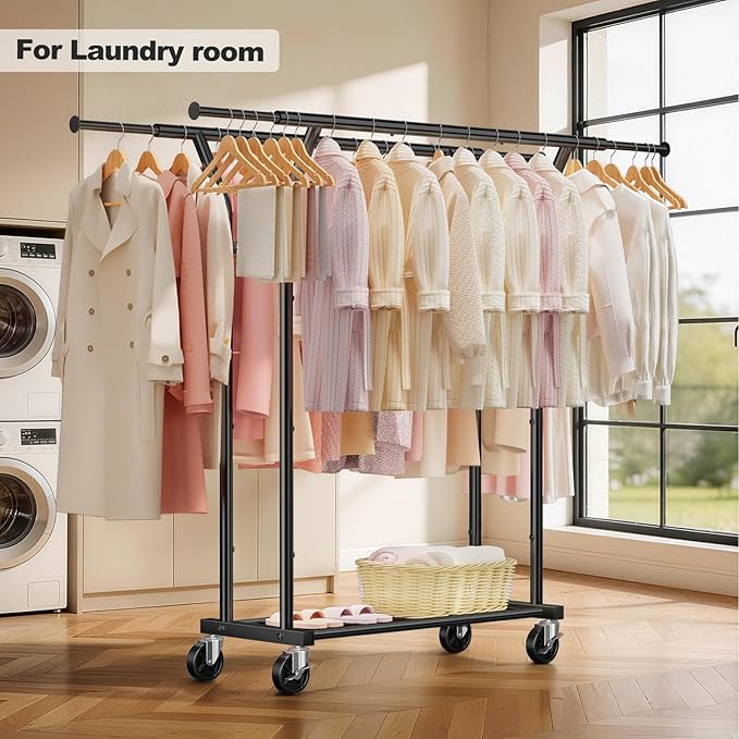 Heavy Duty Clothes Rack - Load 620 LBS, Rolling Clothing Rack for Hanging Clothes with Lockable Wheels & Shelves, Extendable Double Rod Garment Rack for Bedroom, Laundry, Living Room (Black)