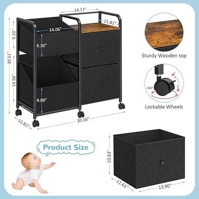 Baby Diaper Caddy Organizer Cart with Wheels, 2 Tier Rolling Cart with Dividers and Drawers, Mobile Utility Cart Bedside for Nursery, Bedroom, Baby Newborn Essentials Storage Cart, Black