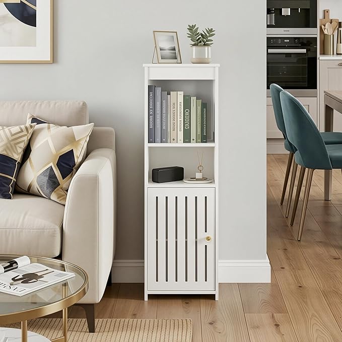 Narrow Bathroom Storage Cabinet, 5-Tier Slim Organizer with Door and Open Shelf for Toilet Small Spaces, White, 7.9" D x 9.8" W x 31.5" H