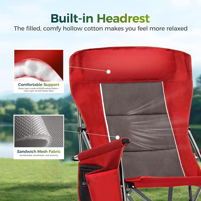 ALPHA CAMP Oversized Folding Camping Chairs for Adults High Backrest Heavy Duty Lawn Chairs Support 500 LBS Portable Camp Chairs with Cup Holders Large Side Pocket Outdoor Chair 2 Pack