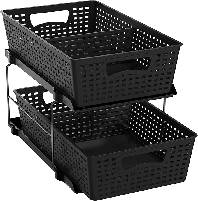Simple Houseware 2 Tier Bathroom Organizer Tray Pull-Out Sliding Drawer, Under Sink Storage, Black