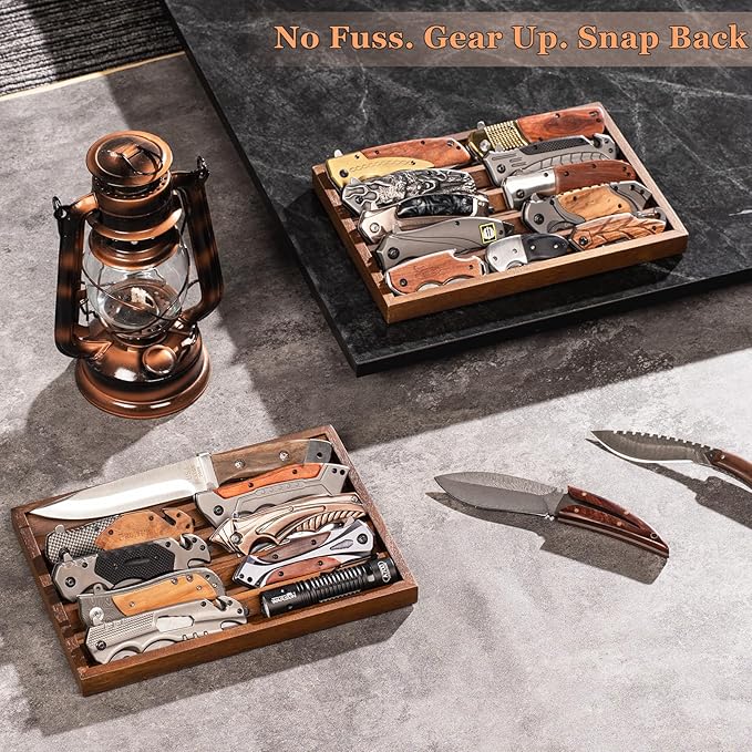 Large Pocket Knife Display Case Knife Holder for Pocket Knife Case Storage, Edc Tray Fits Edc Flashlight (Walnut,1 Pack)