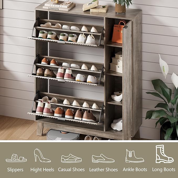 Shoe Cabinet Storage for Entryway with 3 Flip Drawers & Side Cabinet, Fluted Narrow Shoe Organizer with Wooden Leg, Freestanding Shoe Storage Hidden Shoe Rack Organizer for Front Door Entrance, Grey