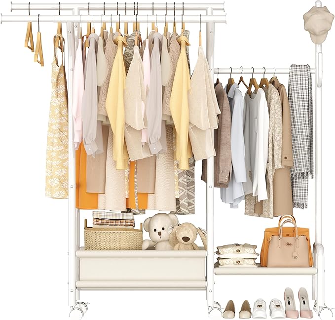 Homeiju Heavy Duty Clothes Rack Load 500LBS, Three Rods Clothing Racks for Hanging Clothes Extendable, Rolling Garment Rack with Sturdy Wheels, Basket, Storage Shelves, White
