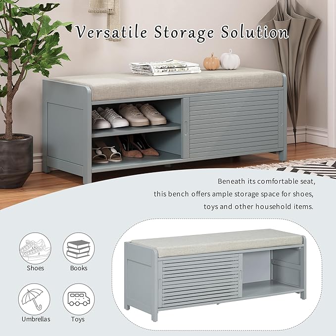 LUMISOL Shoe Bench with Storage and Cushion, Farmhouse Distressed Shutter Storage Bench with Retro Charm for Living Room, Entryway, Grey