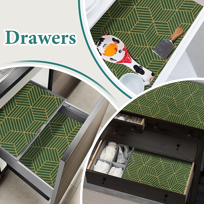 Shelf Liners for Kitchen Cabinets 12in x 20FT, Non Adhesive Cabinet Liner Strong Non-Slip Thickened Gold Green Geometric Drawer Liner, Easy to Clean for Shelf, Cabinet with Knife and Tape Measure