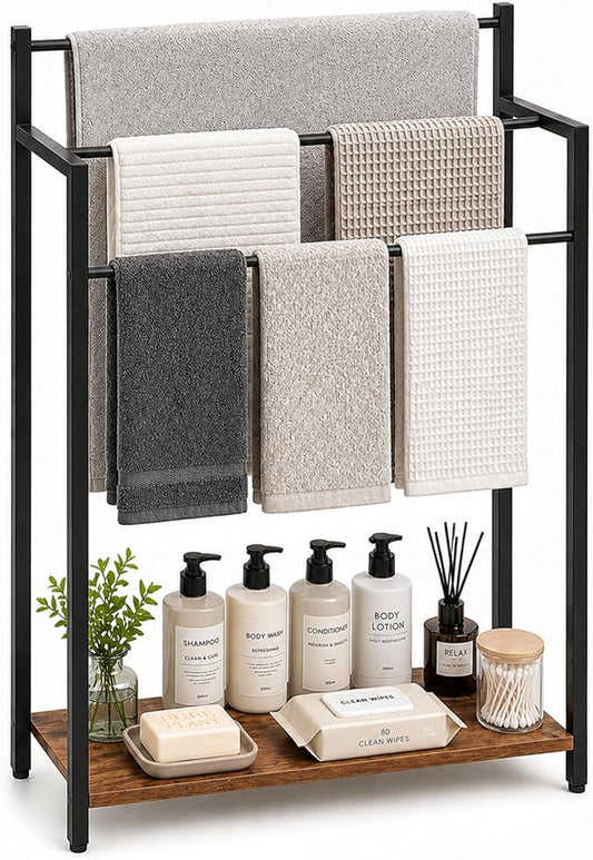 24.8" W Freestanding Towel Rack, 3 Tier Blanket Ladder Stand with Rustic Brown Wooden Shelf for Bathroom Living Room