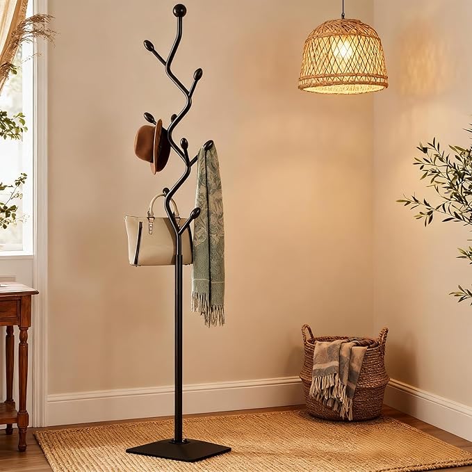 Coat Rack Freestanding Metal Coat Tree with 8 Hooks, Creative Design Tree Branch-look, Standing Coat Rack Coat Hanger Stand with Stury cast iron Base for Entryway, Hallway, Bedroom (black)