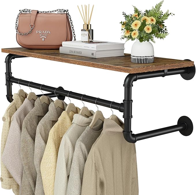 Clothes Rack with Top Shelf, 29.1in Industrial Pipe Wall Mounted Garment Rack, Space-Saving Display Hanging Clothes Rack, Heavy Duty Detachable Multi-Purpose Hanging Rod for Closet Storage
