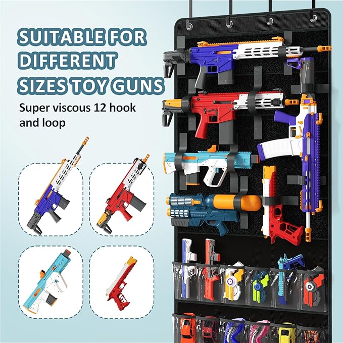 Over Door Toy Gun Storage, Hanging Organizer for Toy Guns, Hanging Toys Organizer with Pockets, Hook&Loop Straps for Foam Blasters, Darts, Goggle, Toys Storage Door Hanger for Kidroom, Gameroom, Black