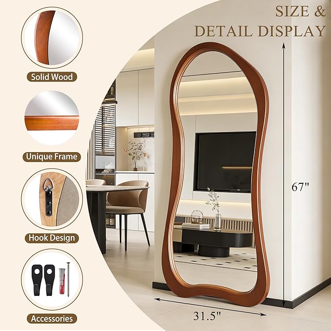 Large Irregular Mirror, 67"x31.5" Organic Floor Mirrors with Solid Wood Frame, Asymmetrical Full Length Mirror for Living Room Entryway Hallway Bedroom Cloakroom, Leaning/Wall-Mounted