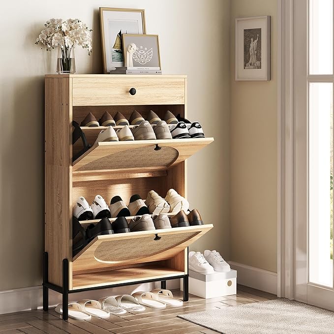 IRONCK Shoe Cabinet with 2 Flip Drawers, Shoe Storage Cabinet for Entryway, Free Standing Shoe Storage Organizer with Rattan Doors Slim Narrow Shoe Rack Cabinet, Oak