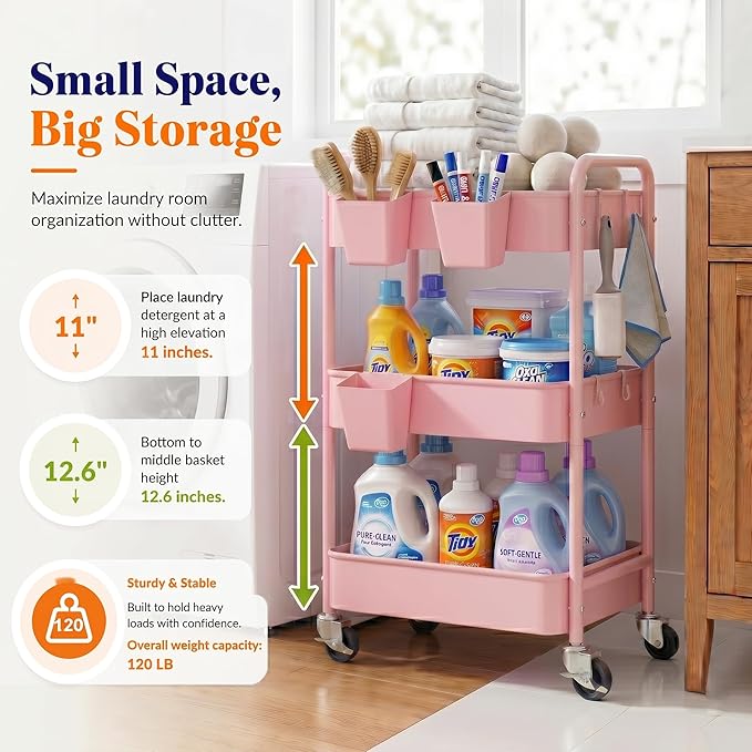 3 Tier Rolling Cart Metal with Lockable Wheels, Pink Three Tiered Diaper Caddy Cart Organizer on Wheels, Storage Utility Trolley Carts for Craft, Art, Nail, Lash, Baby Supplies, Cleaning, Mesh