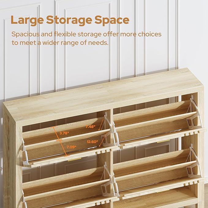 knoworld Shoe Storage Cabinet for Entryway with 4 Flip Drawers, 47.24" Narrow Fluted Shoe Organizer Cabinet, Slim Wooden Shoe Cabinet, Freestanding Hidden Shoe Cabinet for Entrance, Hallway (Natural)