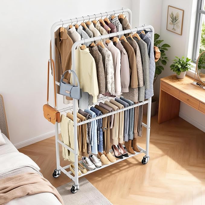 Clothes Rack - 4-Bar Double Rod Clothing Rack with 15 Pants Racks - Rolling Clothes Rack with Shelves - Portable Garment Rack for Bedroom Laundry Room Closet - White