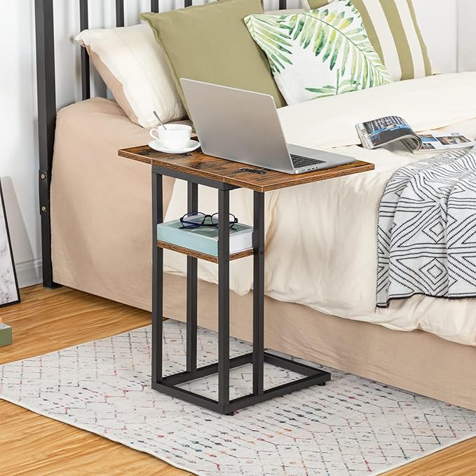 HOOBRO Foldable C Shaped End Table, C Shaped Side Table with Storage Shelf, Small Snack Table, Slide Under Couch Table for Sofa, Living Room Bedroom Small Spaces Easy Assembly, Rustic Brown BF29SF01