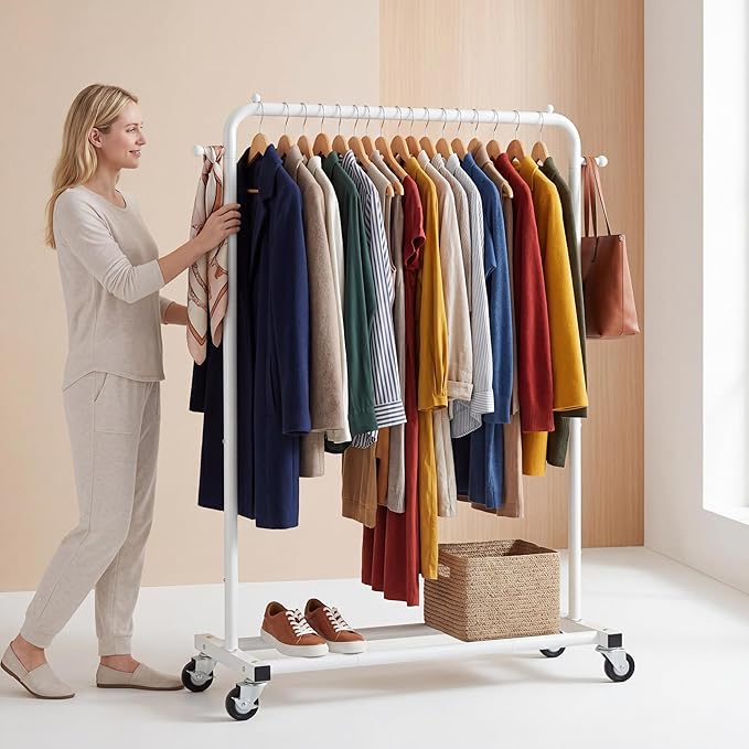Sywhitta Clothing Rack on Wheels with Storage Shelf & Sturdy Metal Frame, Retail Clothing Rack for Hanging Clothes, Coats, Skirts,Space-Saving Mobile Organizer for Closet, Bedroom, Laundry Room, White